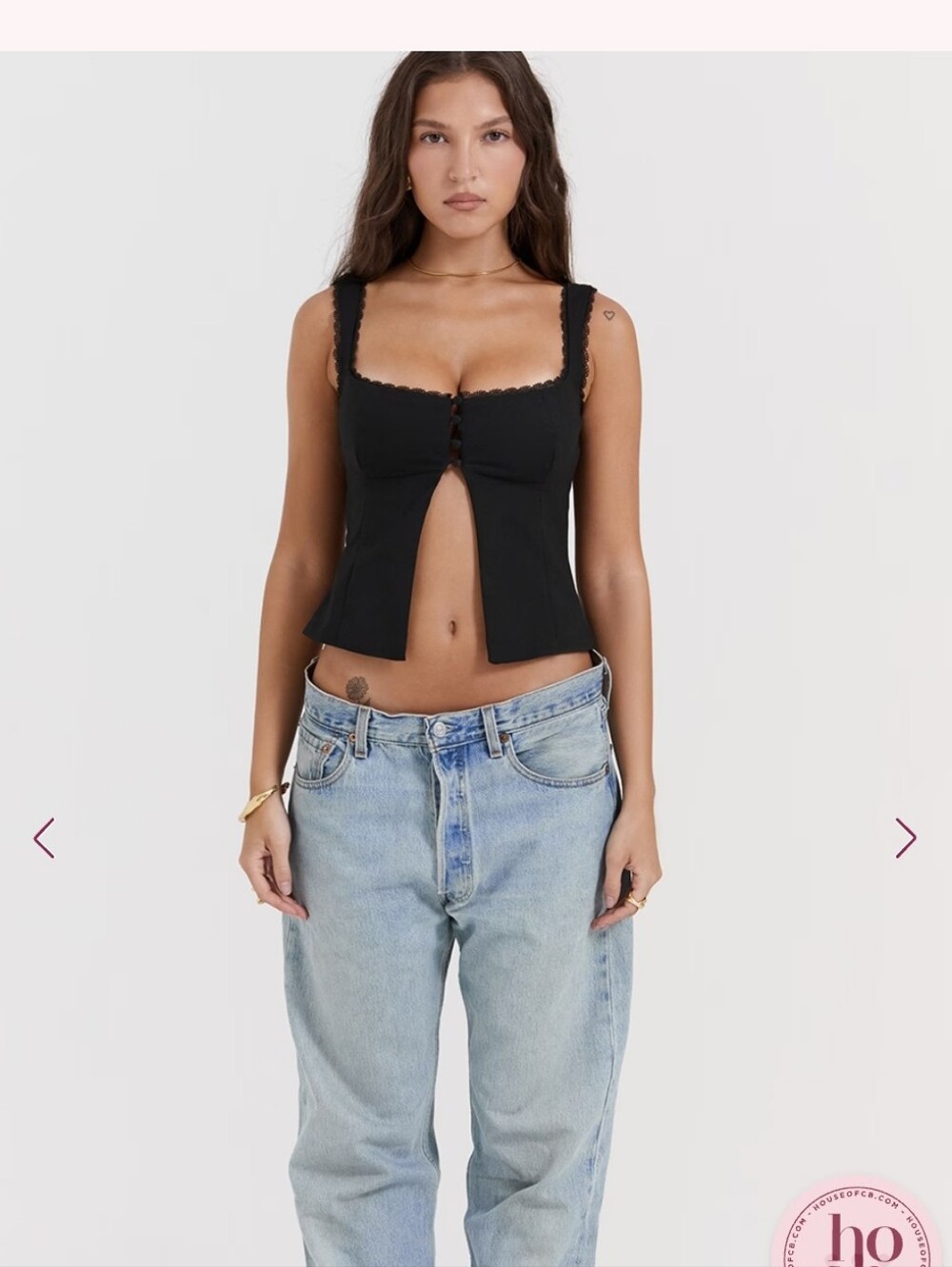 House of CB Noura Black Lace-Trim Button Front Crop Top - Picture 2 of 13